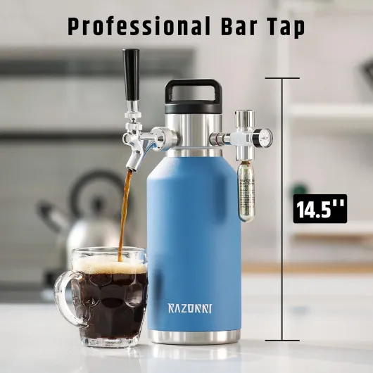 Razorri 64oz Beer Growler Stainless Steel - Carbonated Keg, Double-Wall Vacuum Insulated - Professional Bar Tap - Pressurized CO2 Regulator - Keeps Drinks Perfectly Cold - Half Gallon, Ocean Blue 64 OZ (0.5 Gal.)