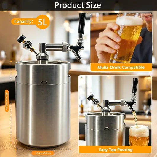 Beer Dispenser, 5L Mini Beer Keg with Faucet and 150 PSI Pressure Gauge