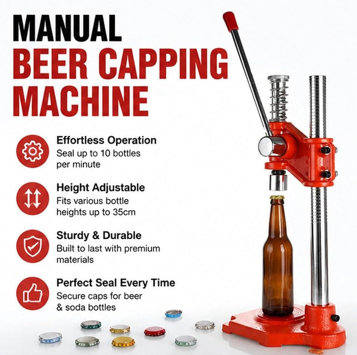 Manual Beer Bottle Capping Machine, Height Adjustable for 26mm Caps