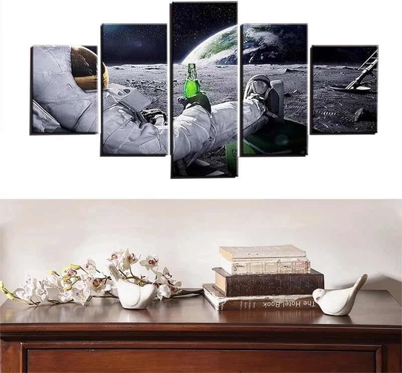 MPPSU Abstract Artwork Astronaut Drinking Beer On The Moon 5 Piece Pictures Prints Large Canvas Wall Art For Living Room Modern Framed Artwork 100Cm×50Cm