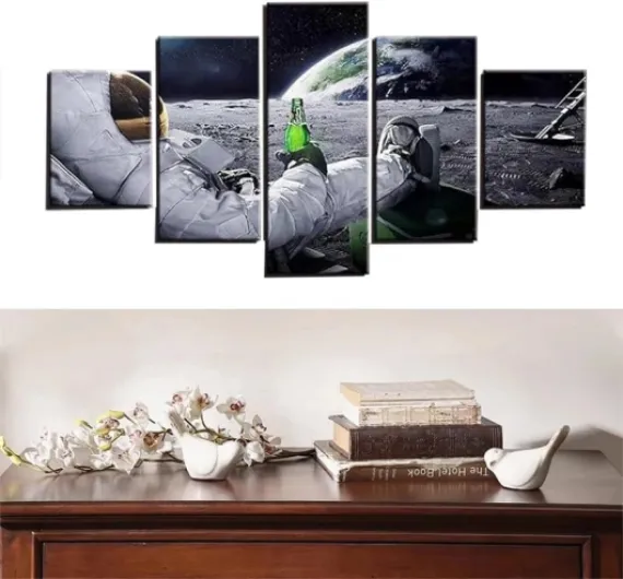 MPPSU Abstract Artwork Astronaut Drinking Beer On The Moon 5 Piece Pictures Prints Large Canvas Wall Art For Living Room Modern Framed Artwork 100Cm×50Cm
