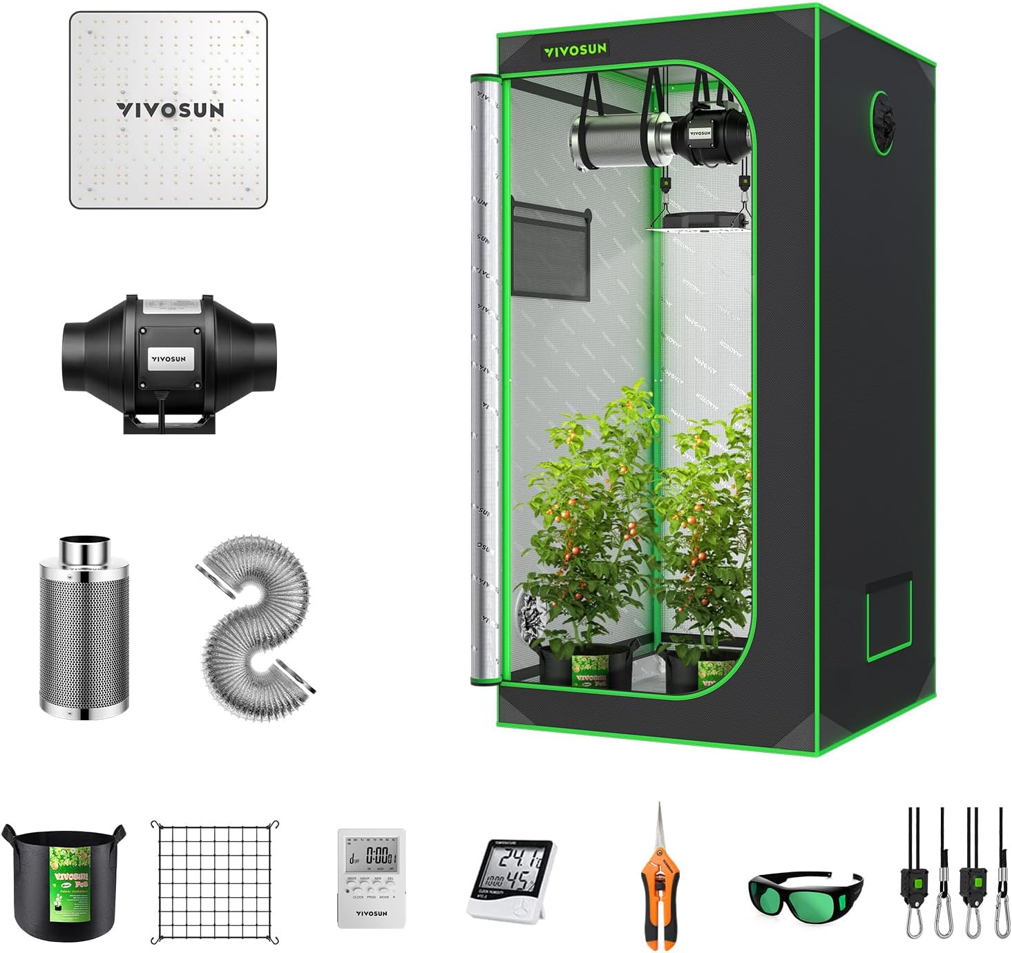 2.7 x 2.7 ft - Growing Tent Kit Complete, 32" x 32" x 63" Grow Tent Complete System with VS1000 Led Grow Light 4 Inch 190CFM Inline Fan Carbon Filter and 8 ft - Ducting Combo