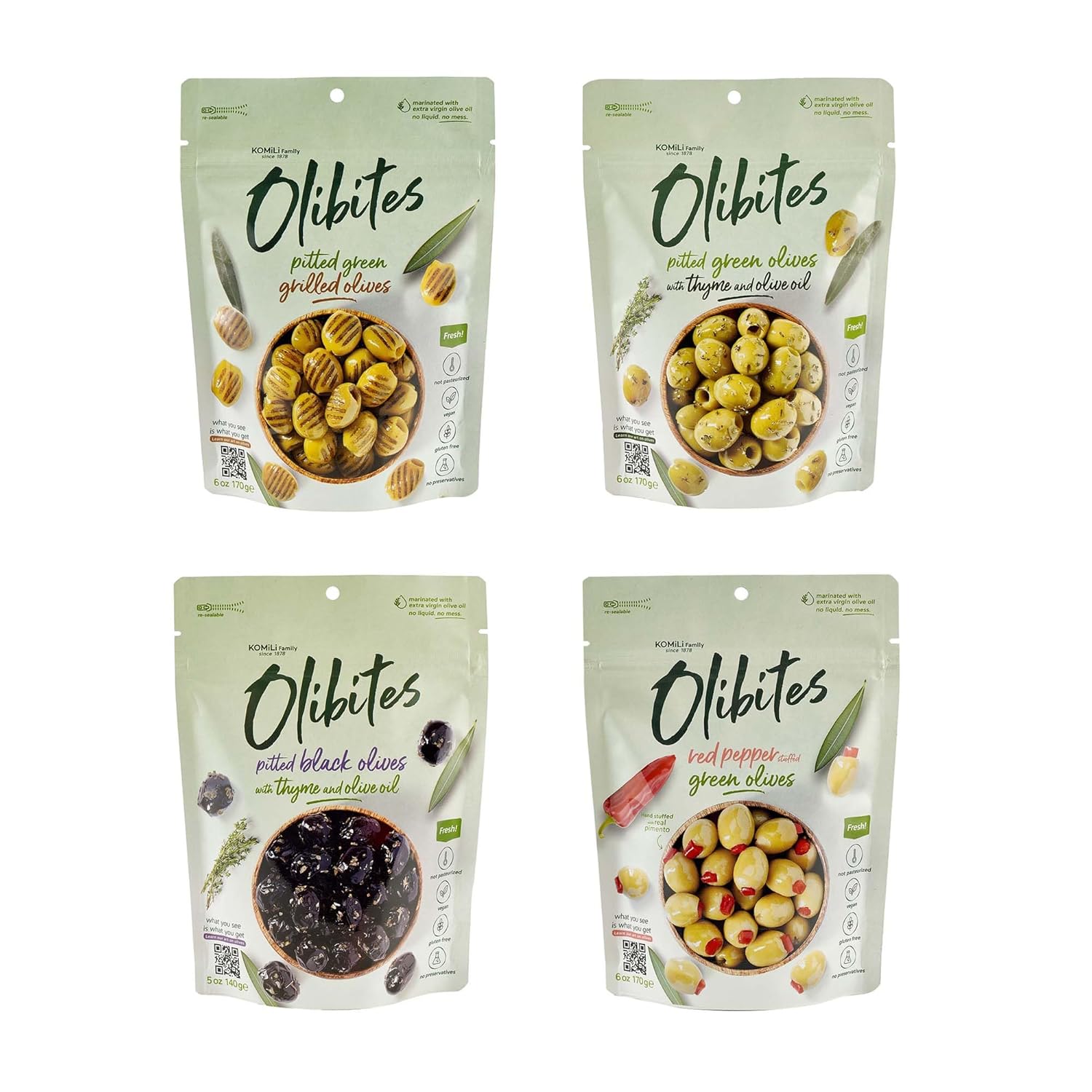 Pitted Olives - Fresh Olives Marinated in Extra Virgin Olive Oil (6 oz, Variety 4 pack)