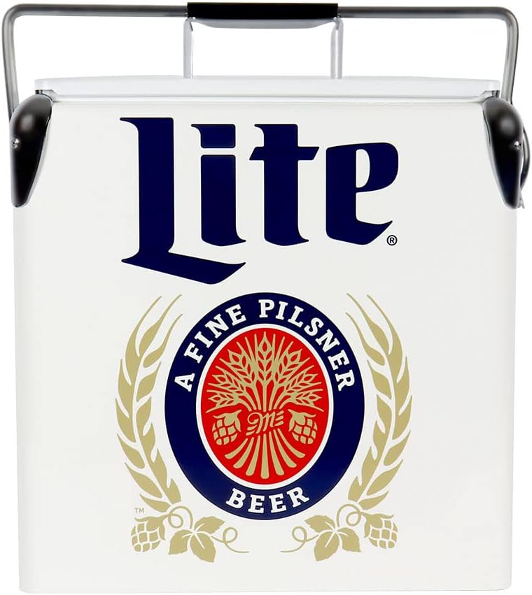 Miller Lite Retro Ice Chest Cooler with Bottle Opener 13L (14 qt), 18 Can Capacity, Blue and Red, Vintage Style Ice Bucket for Camping, Beach, Picnic, RV, BBQs, Tailgating, Fishing