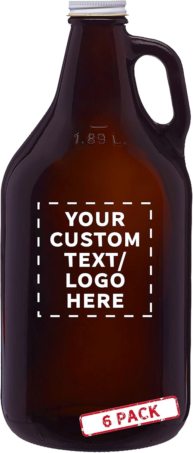 6 Amber Glass Beer Growlers Set, 64 oz - - Customizable Text, Logo - Screw on Lid, Sturdy, Barware - Amber