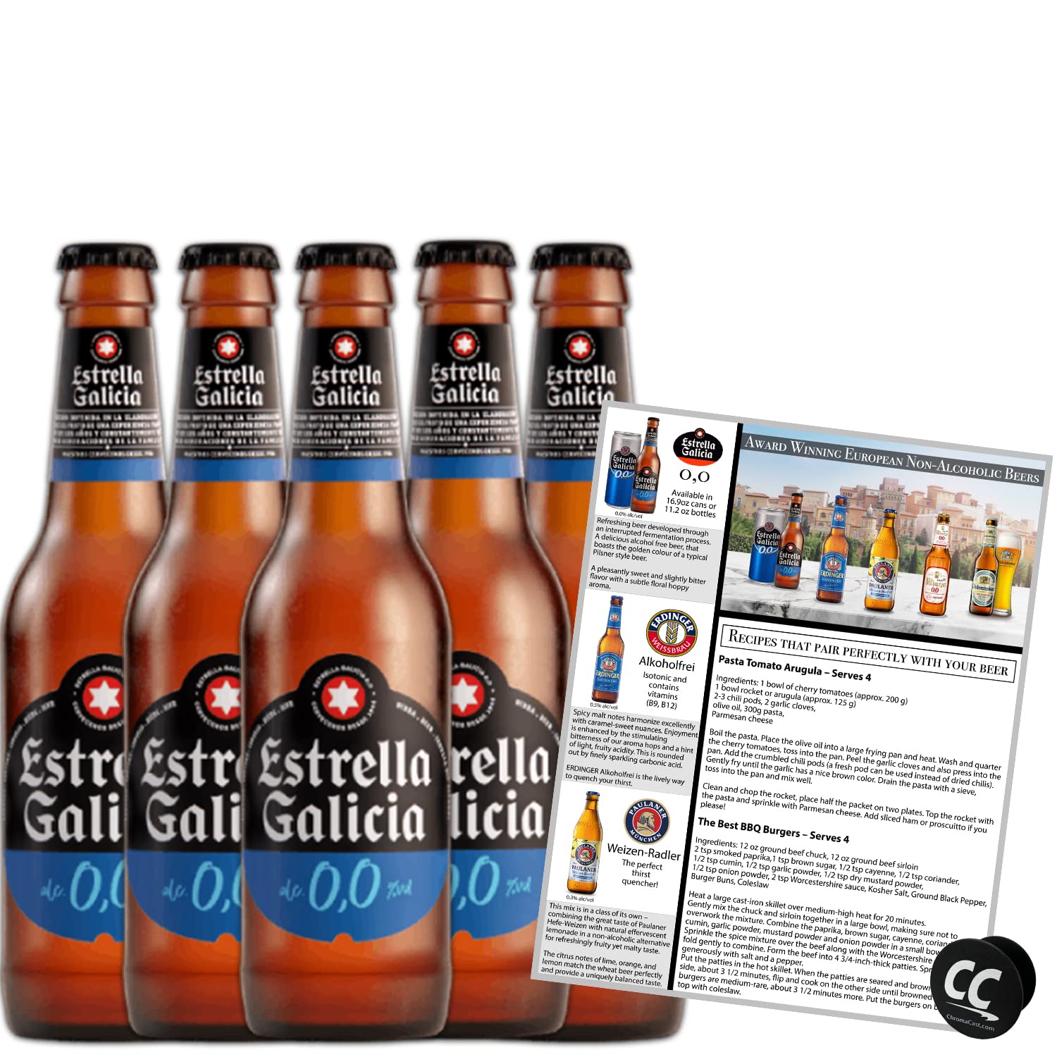 Estrella Galicia 0,0 Non-Alcoholic Beer 5 Pack, Made in Spain, 11.9oz/BTL, includes Phone/Tablet Holder & Beer/Pairing Recipes