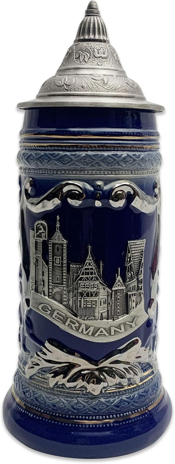 E.H.G 1 Liter - OktoberfestHaus German Rothenburg Beer Stein With Metal Emblem On A Cobalt Blue Bier Krug Ceramic Stein Mug Tankard With Lid Beer Lover Gift Engraved Beer Mug
