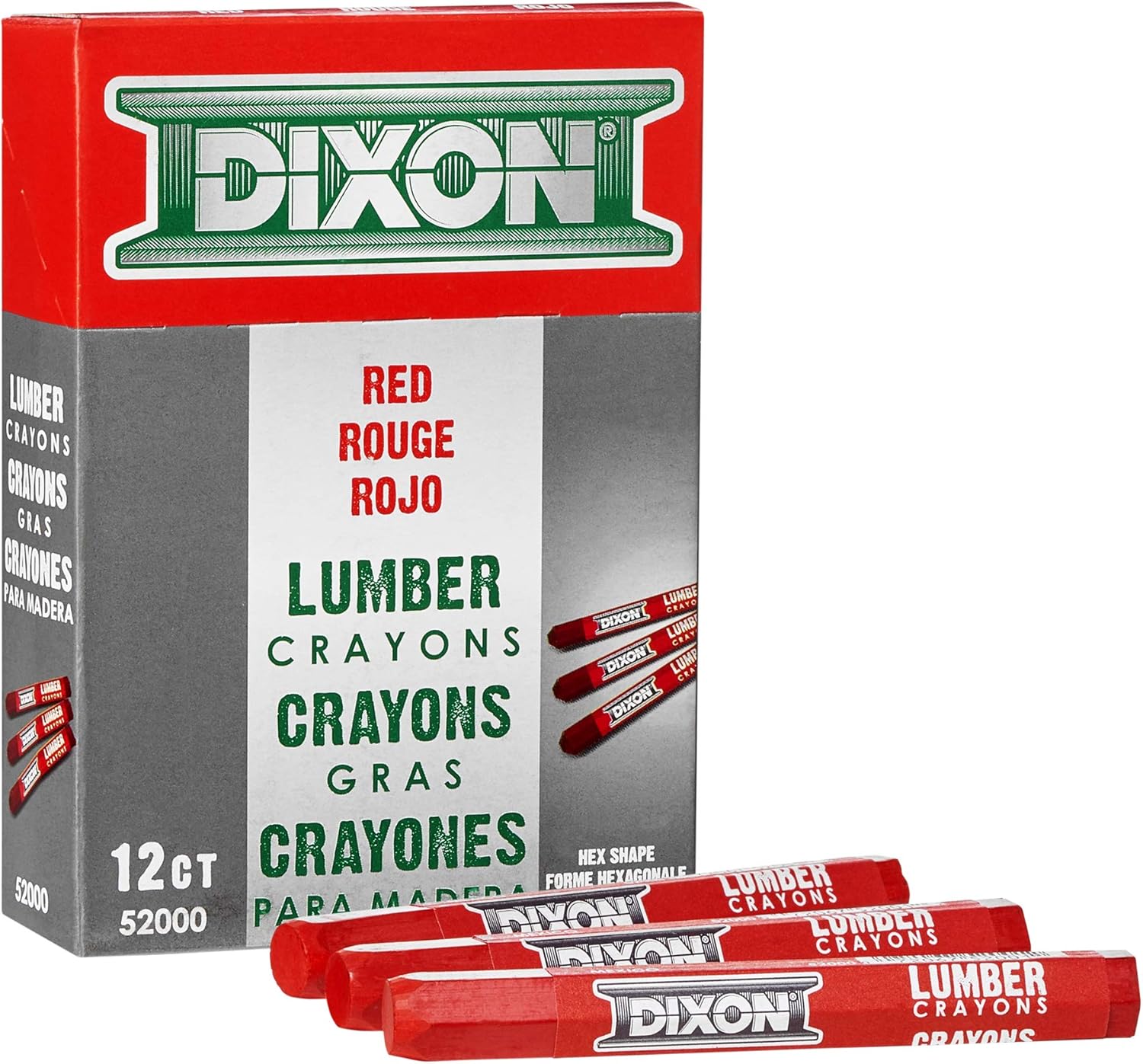 DIXON Industrial Lumber Marking Crayons, 4.5" x 1/2" Hex, Red, 12-Pack (52000)