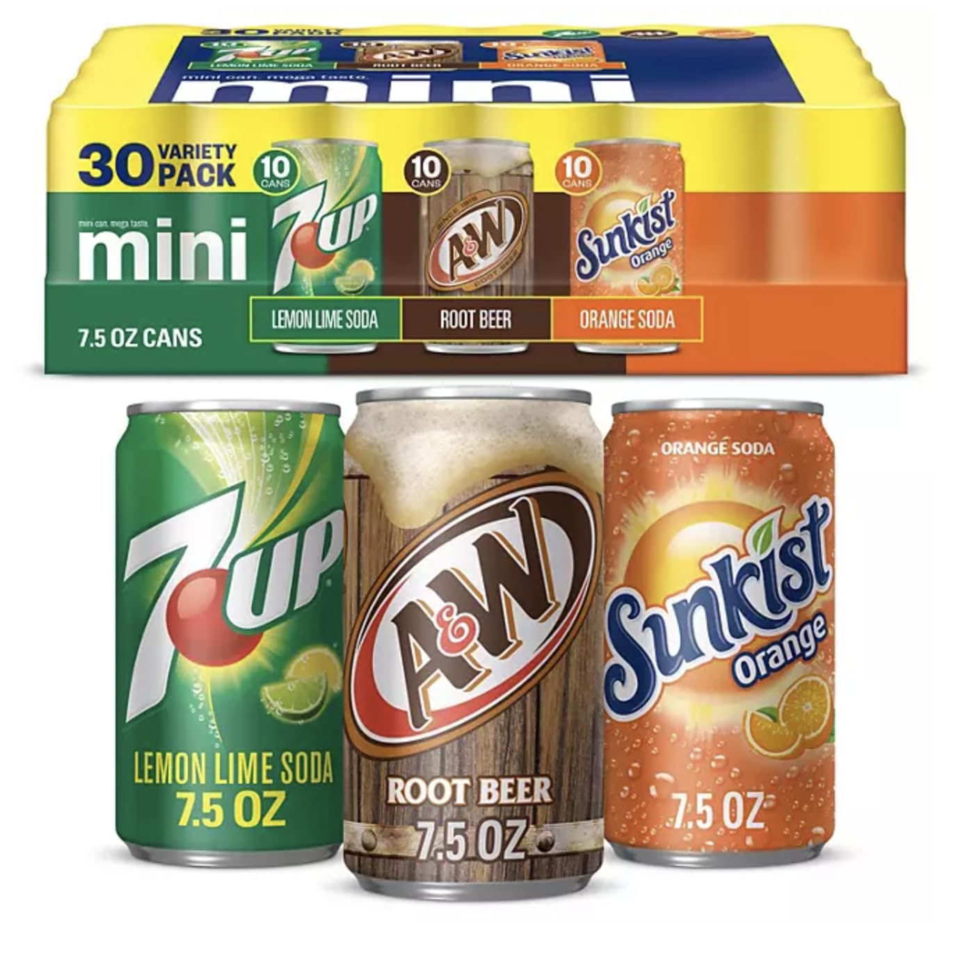 Valpa 7UP, A&W Root Beer and Sunkist Variety Pack (7.5 fl - oz., 30 pk.)