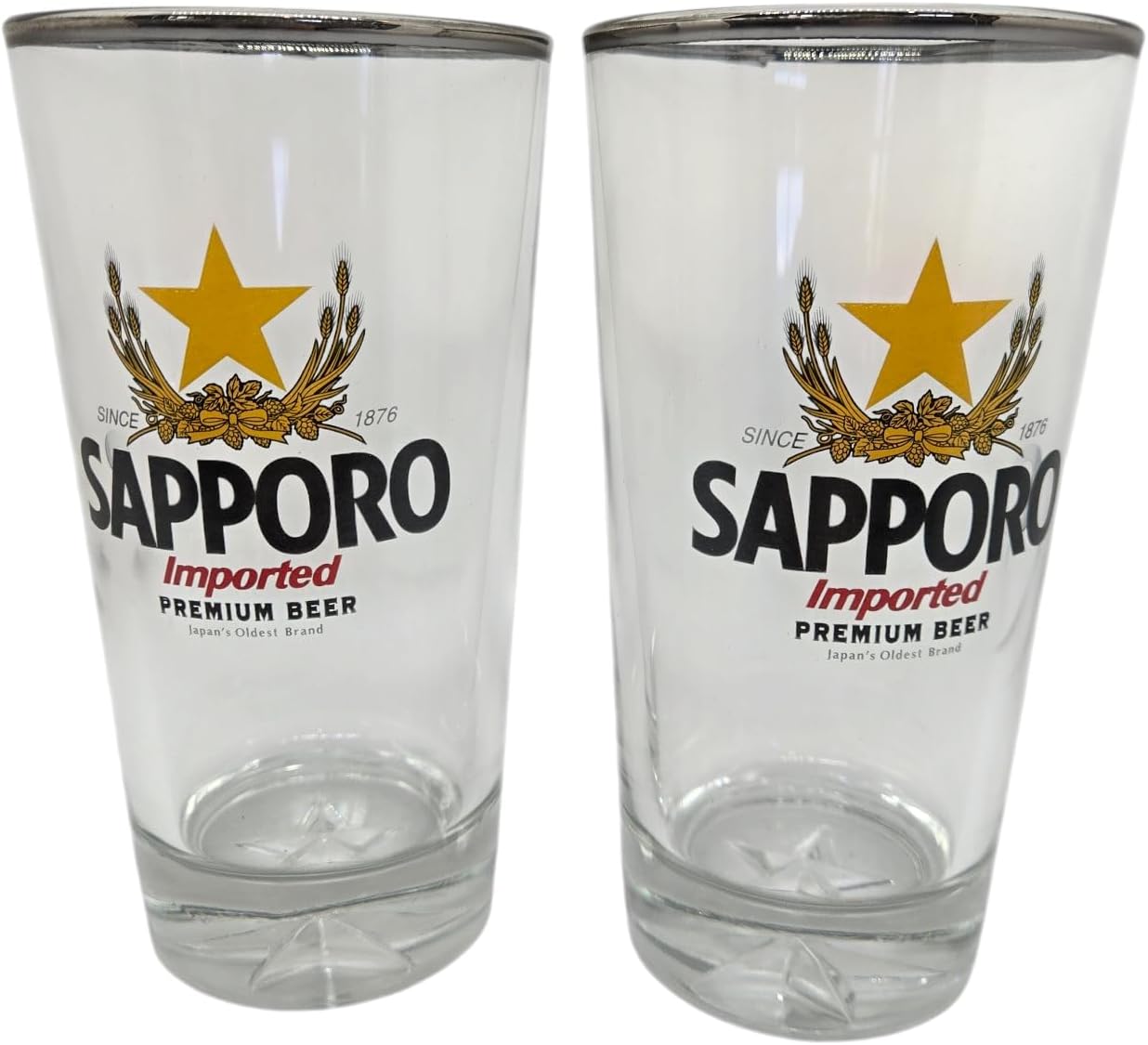 Premium High End Beer Pint Glass, 16 Oz, Star Logo Design, Silver Rim - Set of 2