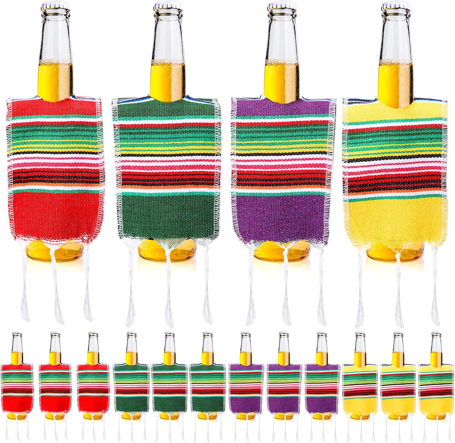 16 Packs Mexican Party Decorations Mini Mexican Beer Poncho Bulk Serape Poncho for Bottles with Rainbow Beer Covers Striped Multicolor Fiesta Loteria Party Supplies