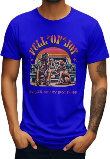 Full of Joy My Beer and Best Friend Graphic T-Shirt, Vintage Retro Design Large Blue