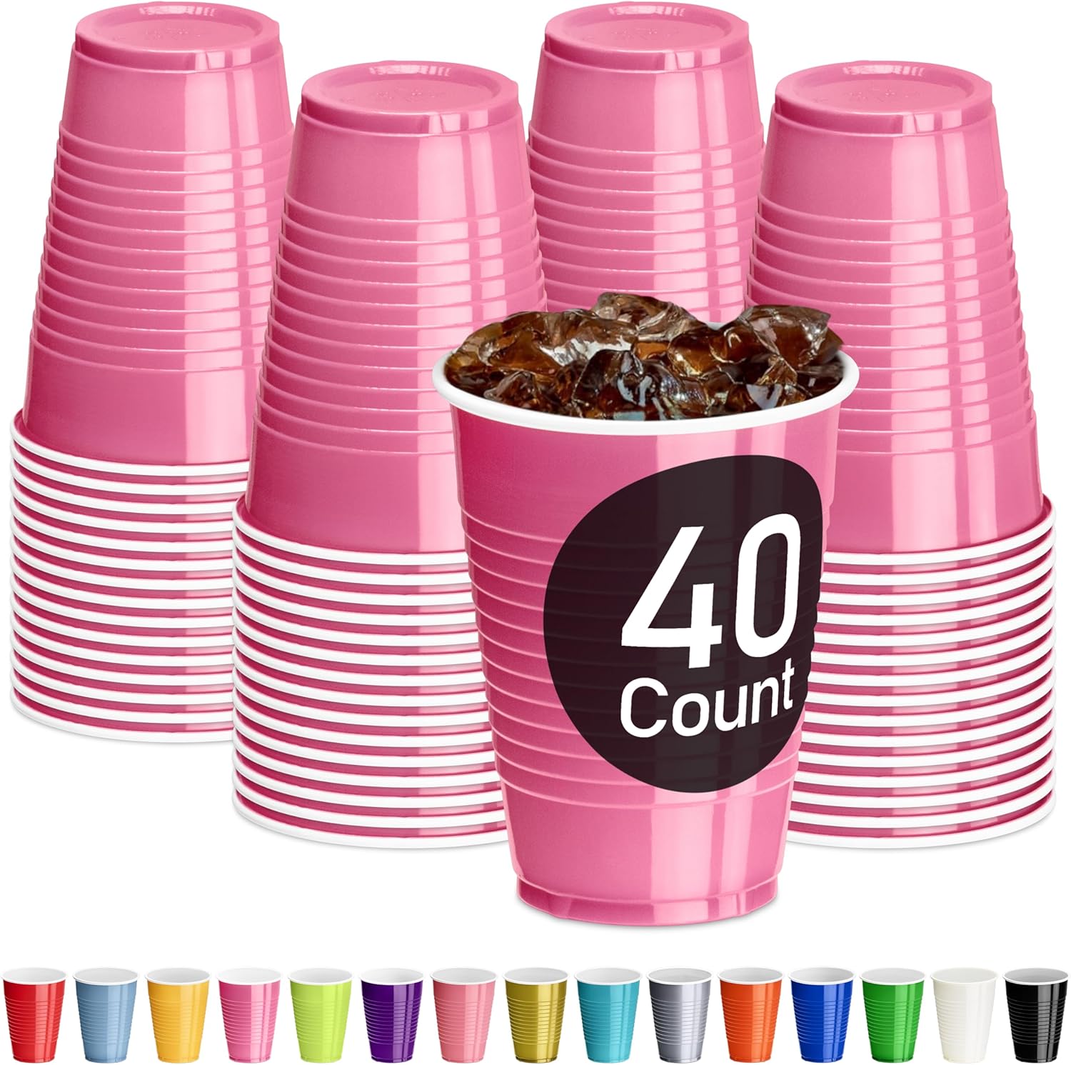 Pink Plastic Cups, 12 oz Disposable Cups, Reusable Party Supplies (40 Count) Pink 40 Pack