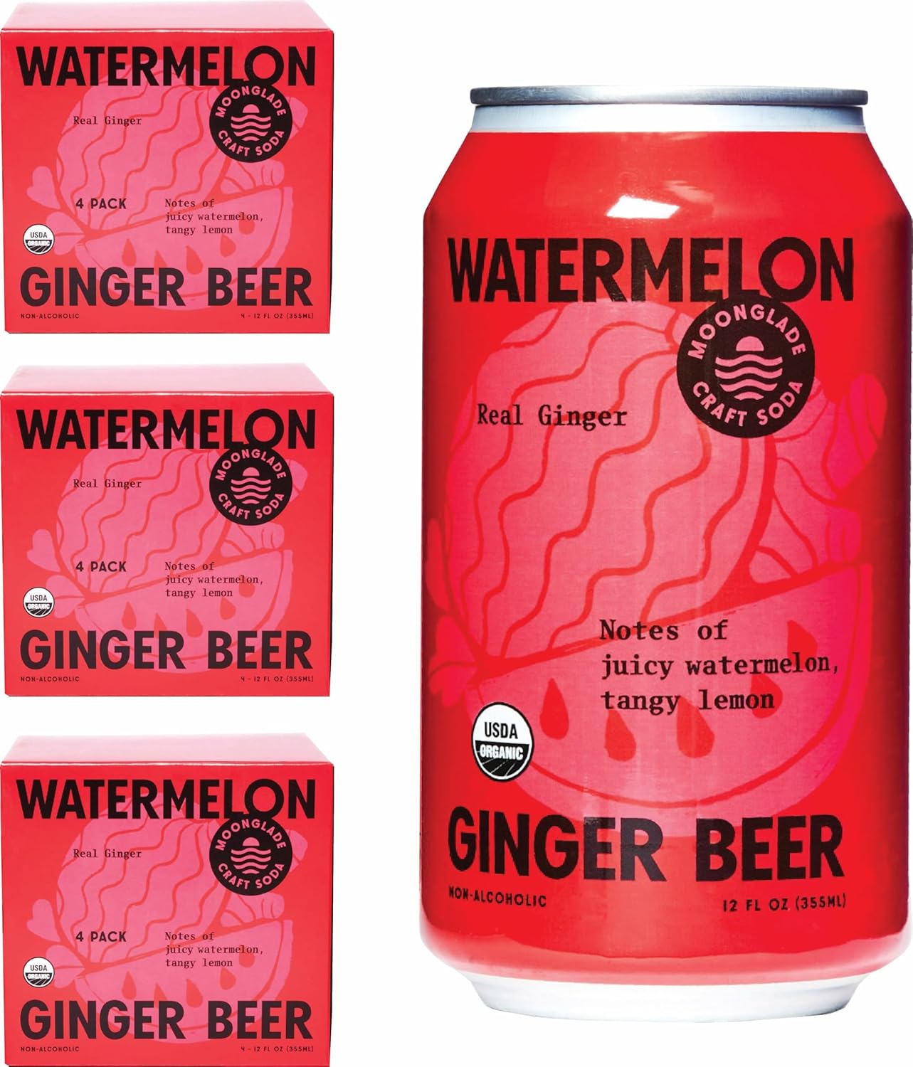 Moonglade Watermelon Ginger Beer, Organic, Small Batch, Craft Mixer, Non-Alcoholic, Craft Soda, 12 Pack Watermelon Ginger Beer 12Fl Oz (12 Pack)