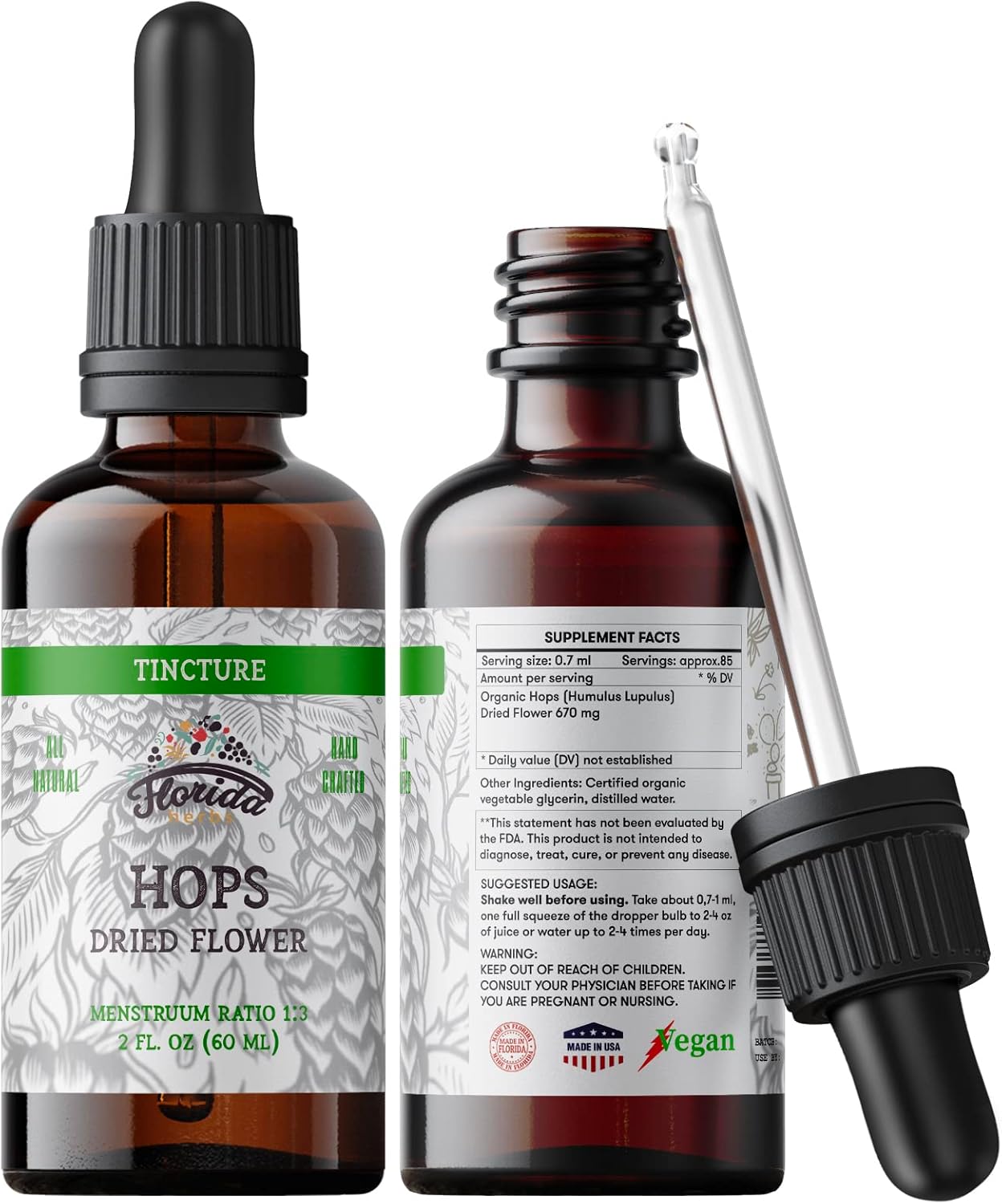 Hops Tincture, Organic Hops Extract Drops (Humulus Lupulus) Dried Flowers - Non-GMO 2 oz 2 Fl Oz (Pack of 1)