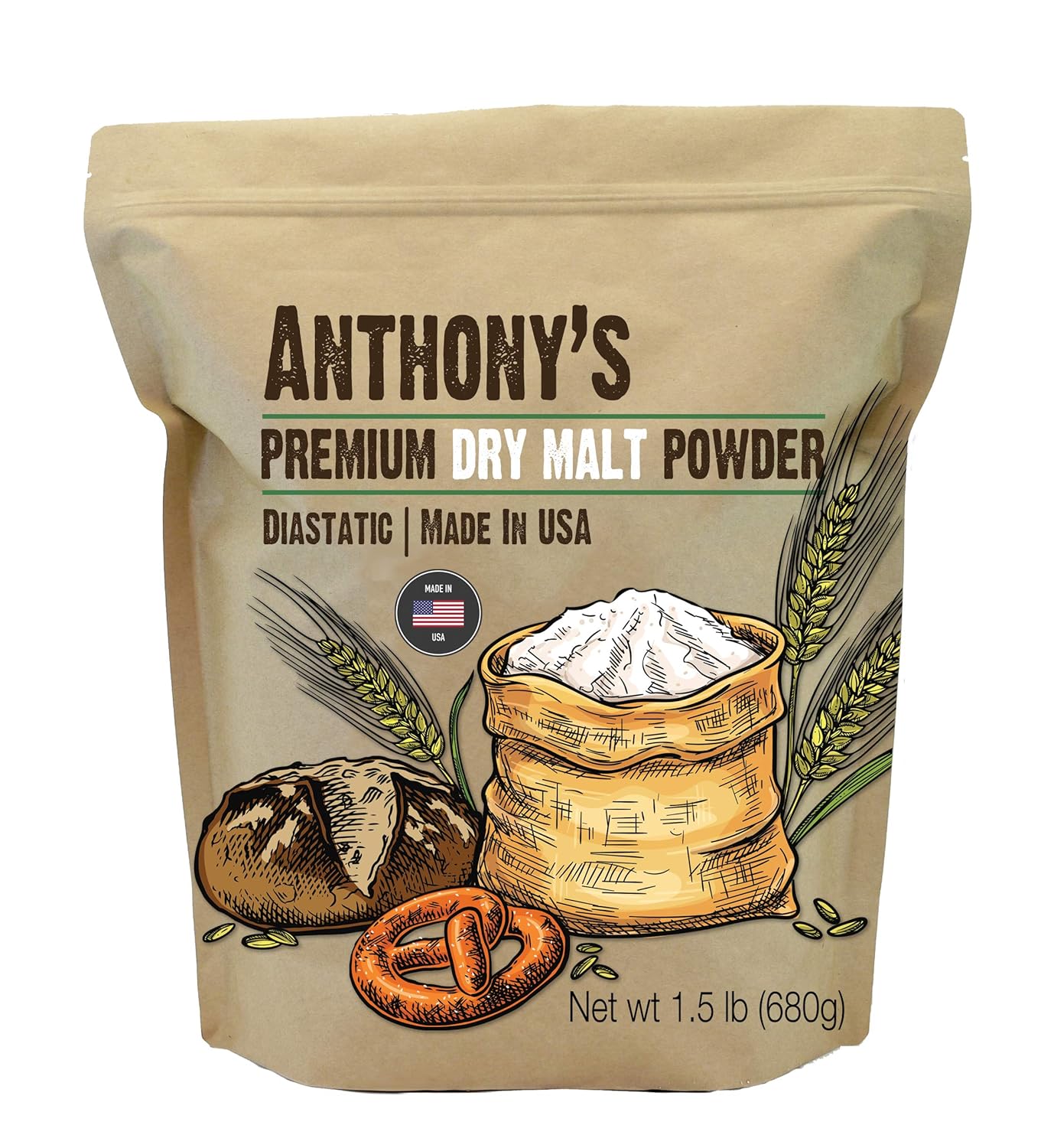 Anthony's Diastatic Dry Malt Powder, 1.5 lb, Made in the USA, Diastatic, Malted Barley Flour 24 Ounce (Pack of 1)