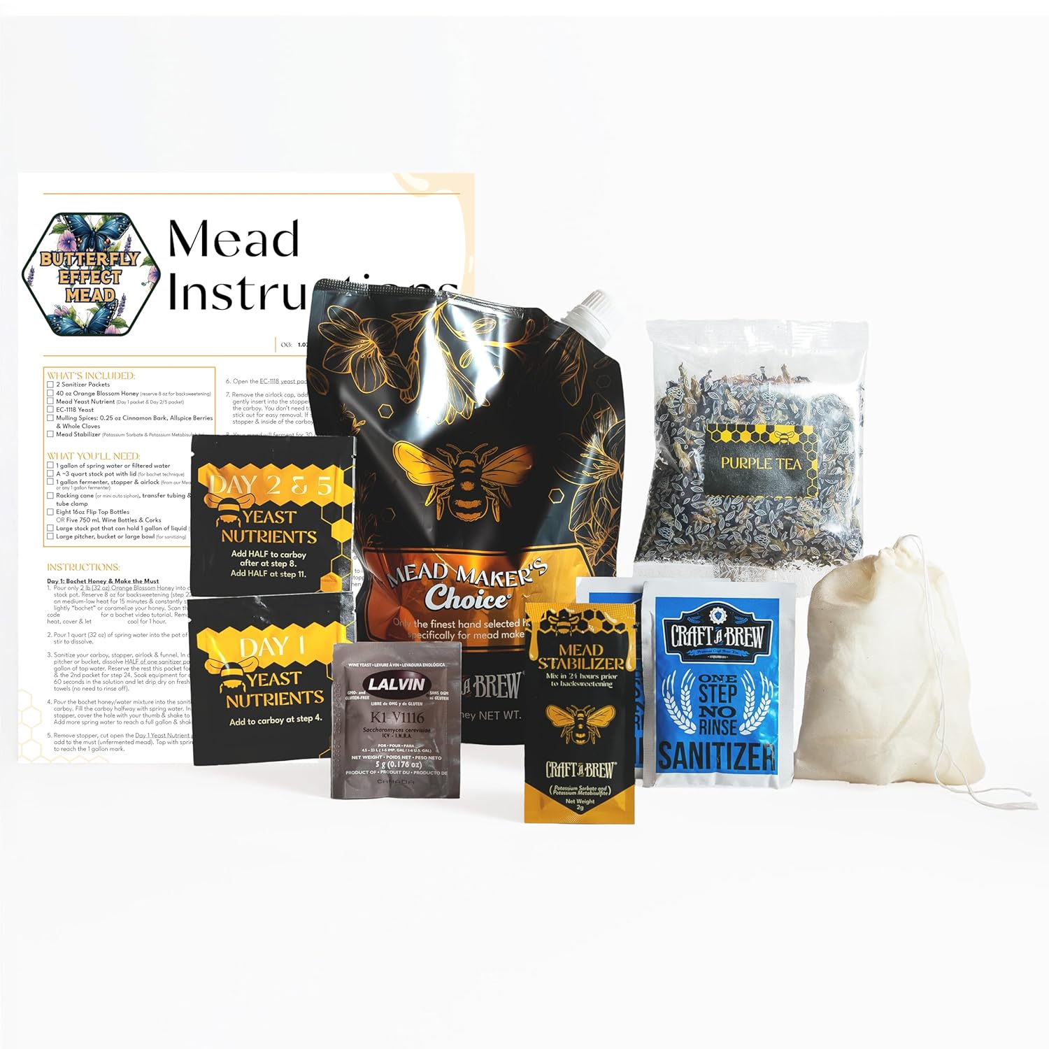 Mead Maker’s Choice - Butterfly Effect Mead Recipe Kit - Ingredients & Instructions for Mead Fermentation & Backsweetening – With Orange Blossom Honey - Makes 1 Gallon Still Mead