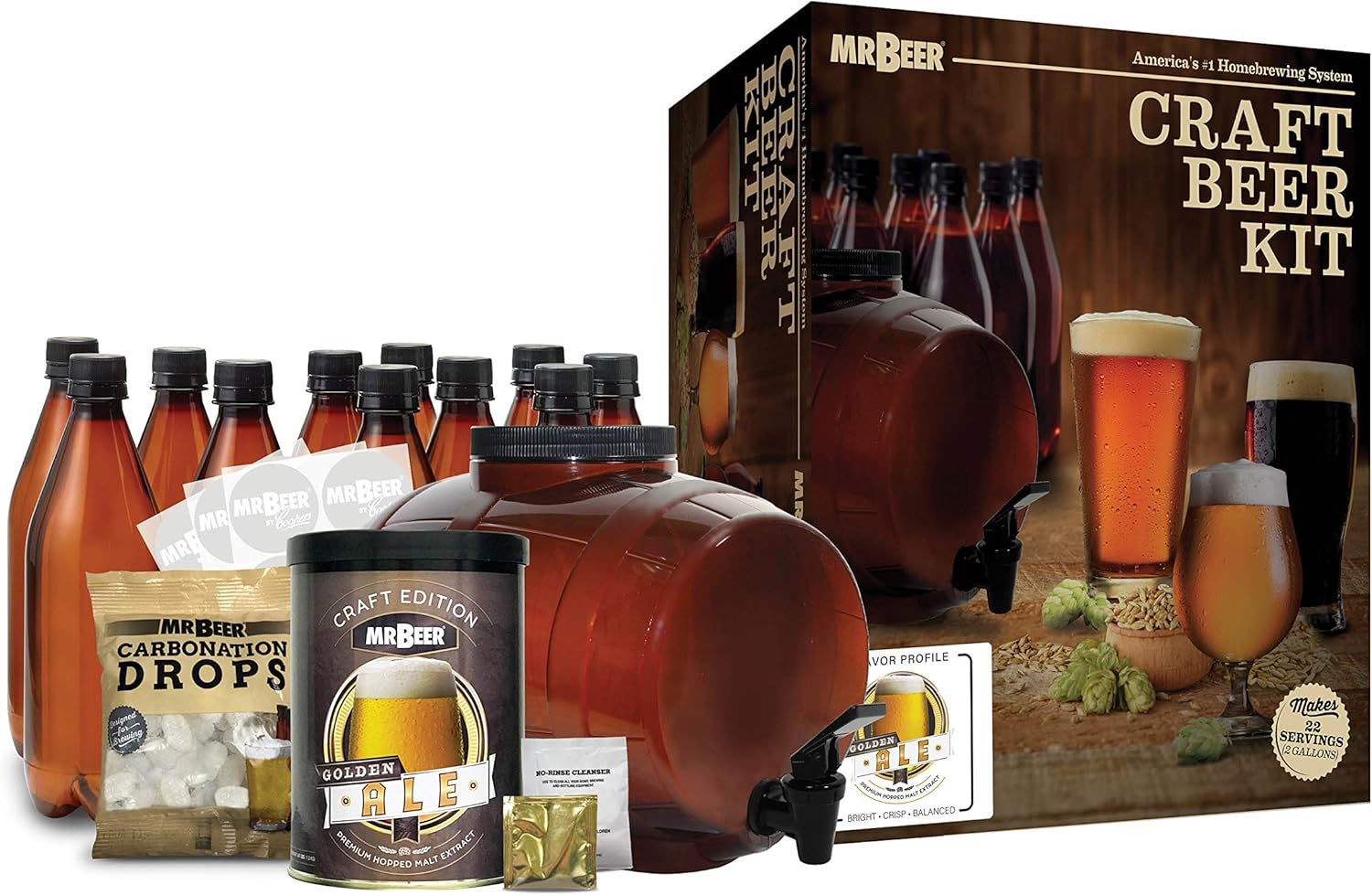 Craft Beer Making Kit (2 Gallon) Complete DIY Home Brew Set - Beer Making Kit for Beginners Everything Included - Reusable 25 oz Bottles - 2 Gallon Keg - Golden Ale 2 Gallon Complete Kit