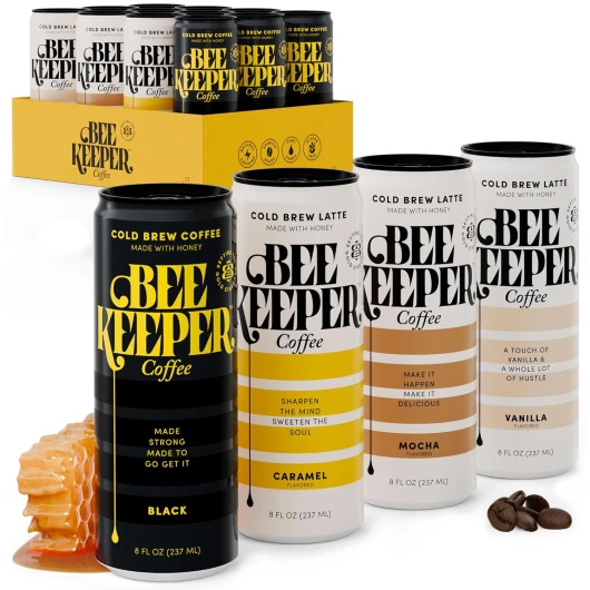 Cold Brew with Oregon Honey, Mixed Variety Pack, 8 fl oz Cans (Pack of 12), Ready-to-Drink Black, Caramel, Mocha & Vanilla Lattes