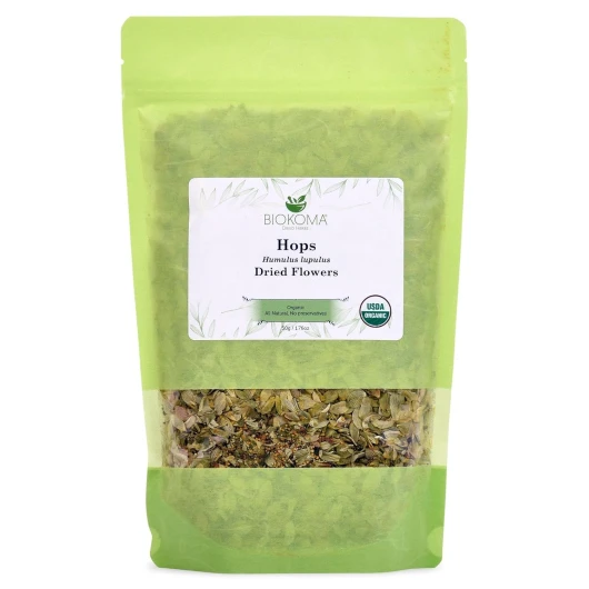 Pure and Organic Hops Dried Flowers 50g (1.76oz) In Resealable Moisture Proof Pouch, USDA Certified Organic - Herbal Tea, No Additives, No Preservatives, No GMO, Kosher