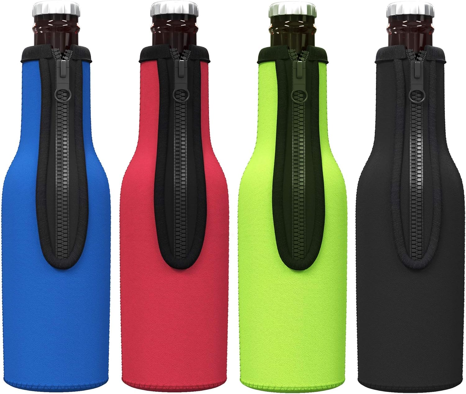 Beer Bottle Insulator Sleeves (Multicolor) Neoprene Coolers with Zipper for 12oz Longneck Bottles (Multicolor (4-Pack))