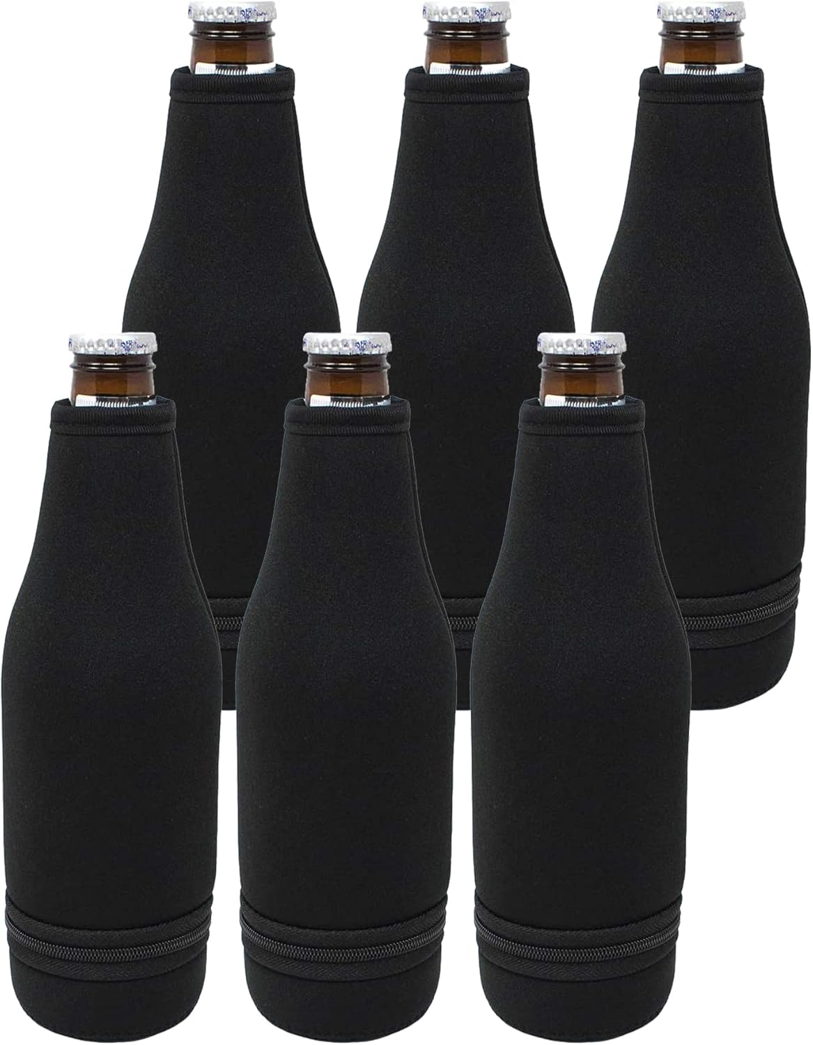 TahoeBay Beer Bottle Sleeves - Easy Zipper Bottom - Neoprene Insulated Cooler Covers Fit Standard 12oz Long Neck Bottles Enclosed Bottom (Black, 12-Pack)