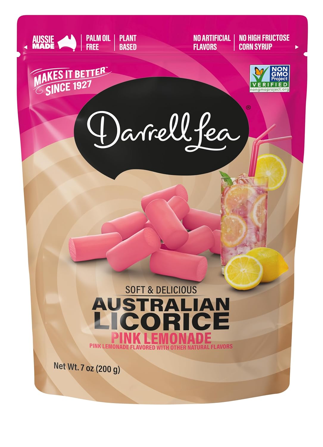 Soft Australian Licorice, Non-GMO, No Palm Oil, Plant Based, No High Fructose Corn Syrup, Soft & Chewy Licorice Candy, Made in Australia, Pink Lemonade (7 Ounce (Pack of 1))