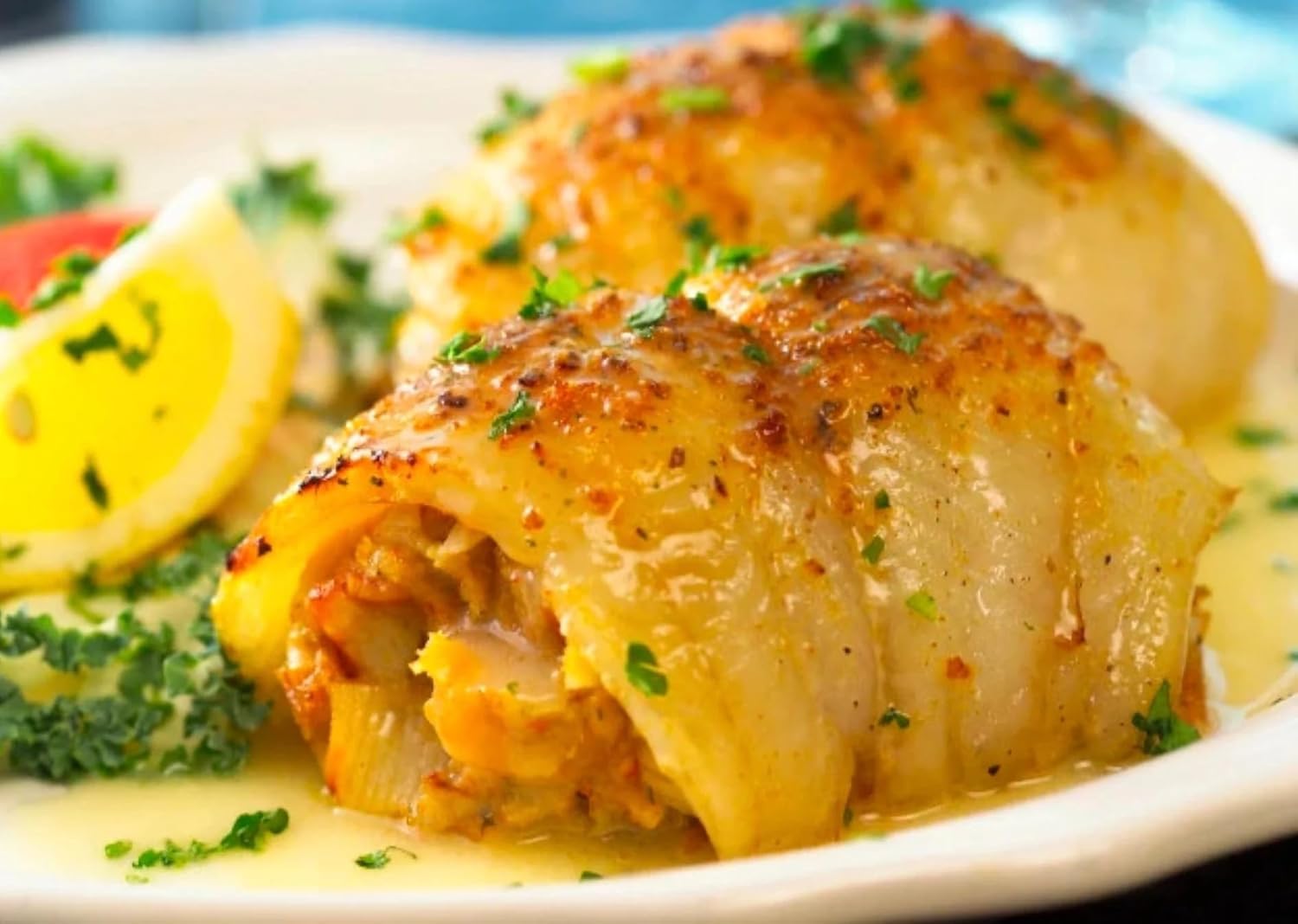 New York Steak & Seafood Stuffed White Sole Fillets - Premium White Sole Fillets Stuffed with a Delicious Blend of By Scallops, Atlantic Rock Crabmeat and Bread Crumbs (4 Stuffed Sole 5 oz.) 4 Stuffed with scallops and crabmeat (5 oz)