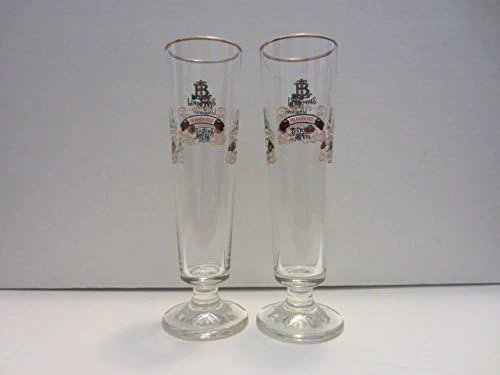 Set of 2 Lindemans Merchant du Vin Framboise Kriek Peche Pomme Belgian Lambic Beer Gold Rim Flute Glasses