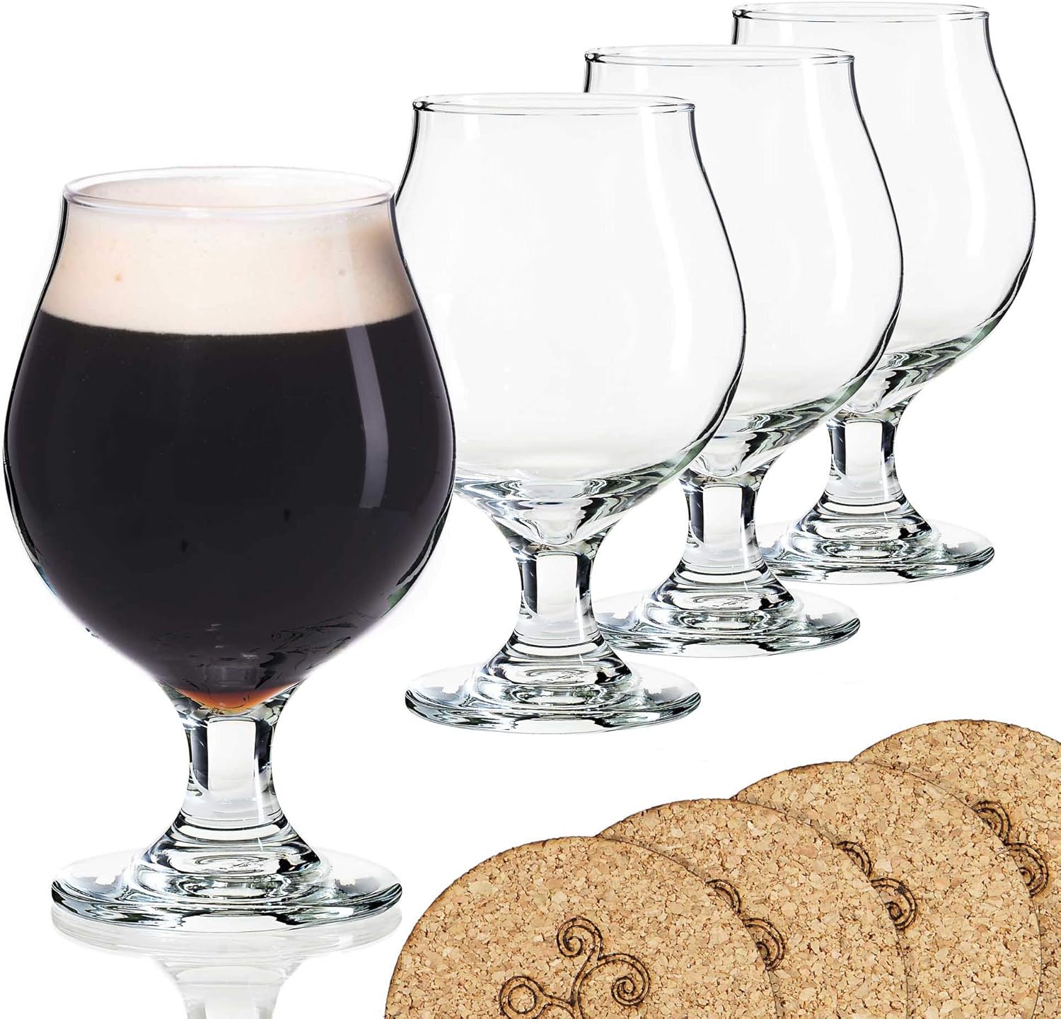 Beer Glass Belgian Style Stemmed Tulip - 16 oz Lambic Beer Glasses - Set of 4 w/Coasters 16 Ounce