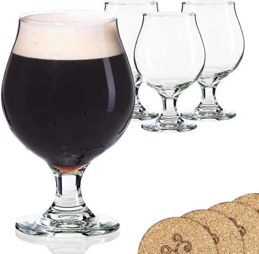 Beer Glass Belgian Style Stemmed Tulip - 13 oz Lambic Beer Glasses - Set of 4 w/Coasters 13 Ounce