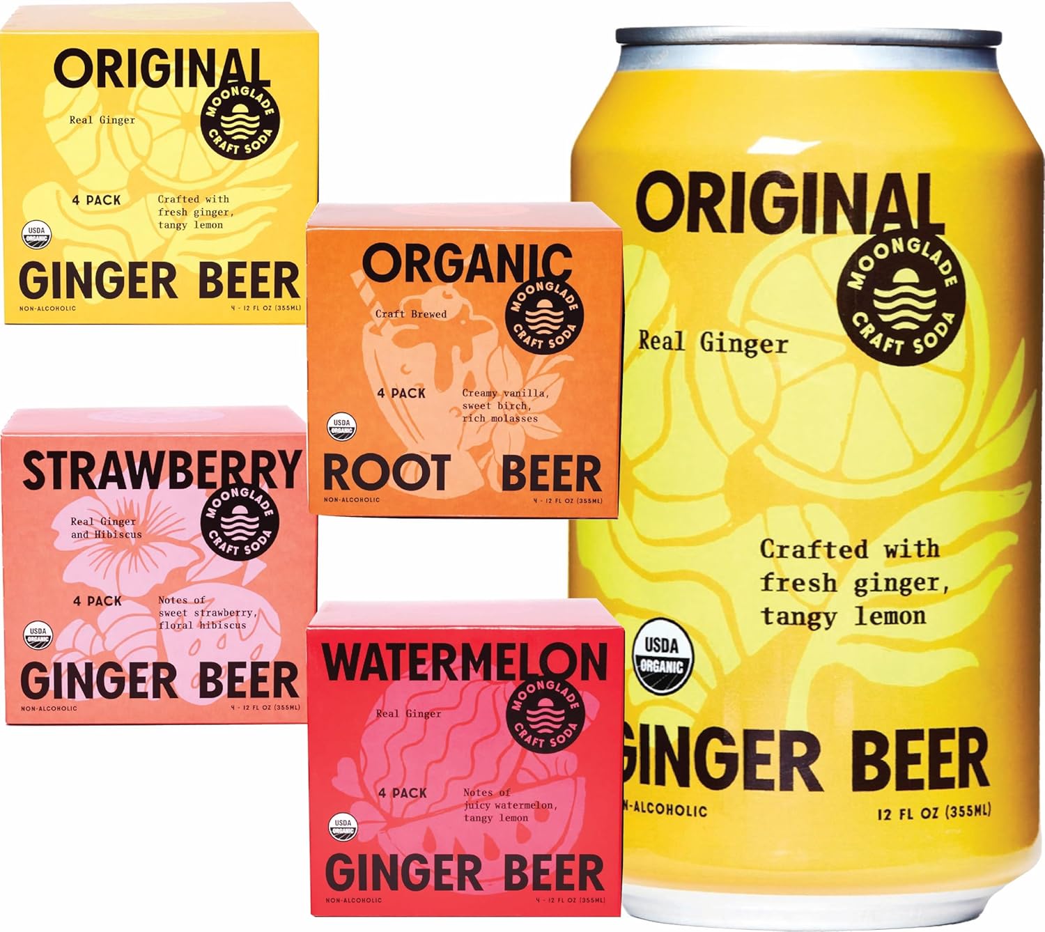 Moonglade Craft Soda Variety Pack: Original Ginger Beer, Strawberry Hibiscus, Watermelon and Root Beer (16 Pack) Mix Pack- 3 Varieties of Ginger Beer and 1 Root Beer 12 Fl Oz (16 Pack)