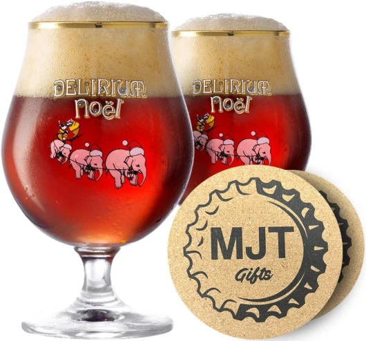 Delirium Noel Christmas Beer Glasses With Beer Coasters - 0.25 Liter - 2pk