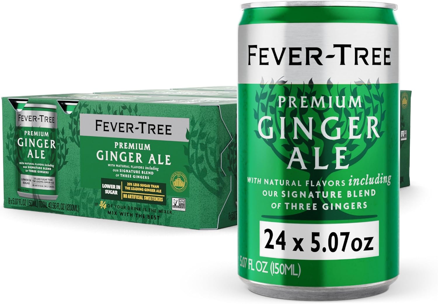 Fever Tree Ginger Ale - Premium Quality Mixer - Refreshing Beverage for Cocktails & Mocktails - Naturally Sourced Ingredients, No Artificial Sweeteners or Colors - 150 ML Cans - Pack of 24