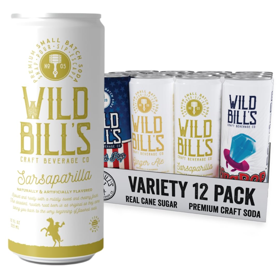 Wild Bill's Craft Soda Soft Drinks Olde Fashioned Variety Pack, Ginger Ale, Ring Pop Berry Blast, Original Cola + MORE, Pure Cane Sugar, NO Caffeine or High Fructose Corn Syrup Gluten Free, 12 Pack Olde Fashioned Favorites