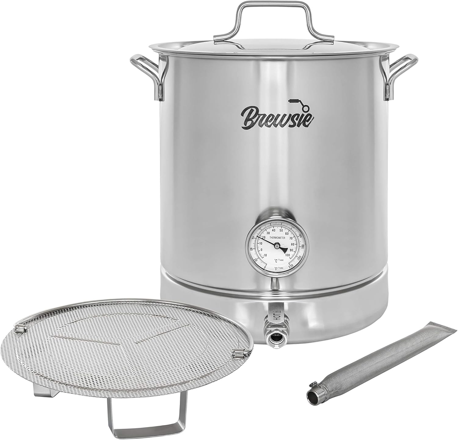 BREWSIE Stainless Steel Home Brew Kettle w/Dual Filtration - Equip with False Bottom Thermometer and Ball Valve for Brewing (16 Gal/ 64 QT)…