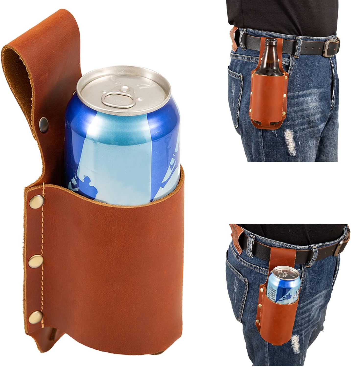 Beer Holder,Leather Beer Holster Bottle Holders,Beer Belt Holder Beer Gifts for Men,BBQ/Grilling Gifts for Travel Camping Party Outdoor,Cool Beer Accessories Gadgets for Men (Brown)