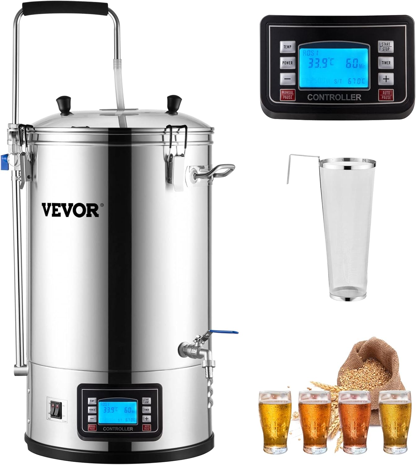 Electric Brewing System, 9.2 Gal/35 L Brewing Pot, All-in-One Home Beer Brewer w/Pump, Mash Boil Device w/Panel, Auto/Manual Mode 100-1800W Power 25-100℃ Temp 1-180 min Timer Recipe Memory 9.2Gal With Pump