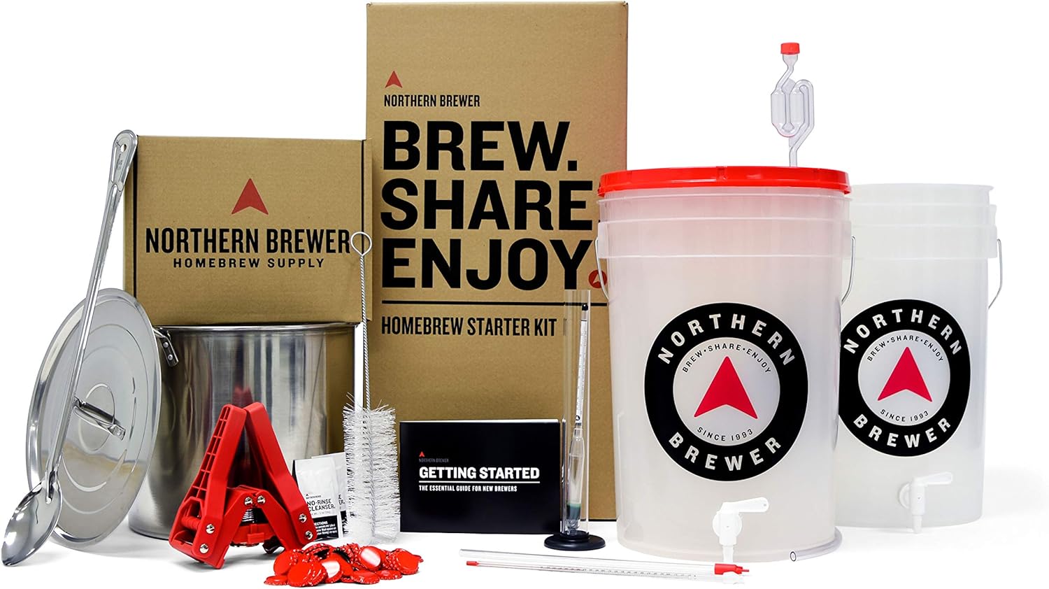 Brew - Share - Enjoy - HomeBrewing Starter Set, Equipment and Recipe for 5 Gallon Batches (Hank's Hefeweizen) Hank's Hefeweizen with Testing Equipment