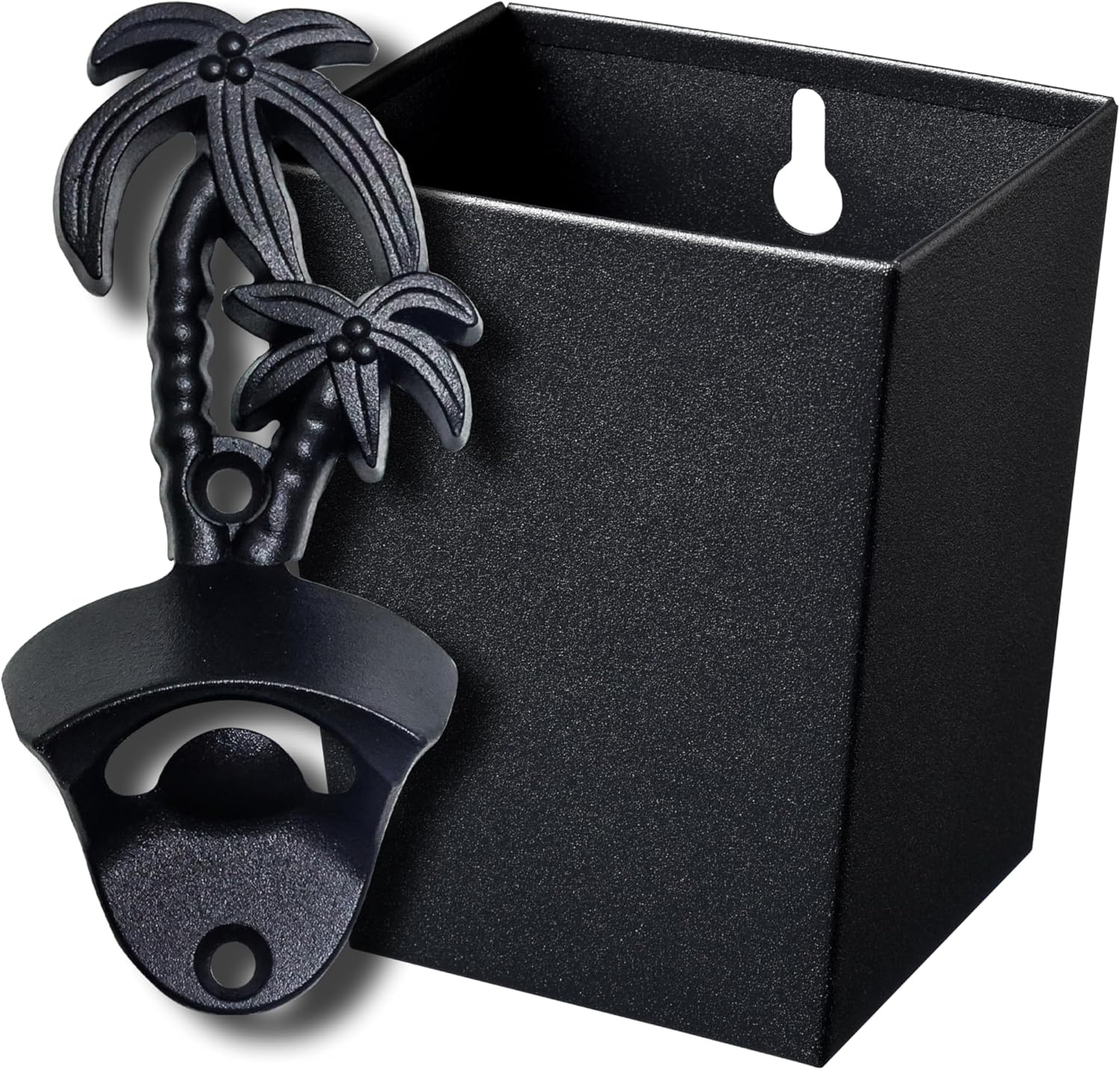 Black Palm Tree Beer Opener Wall Mounted Bottle Cap Opener with Cap Catcher Drainage for Beach Theme Gifts