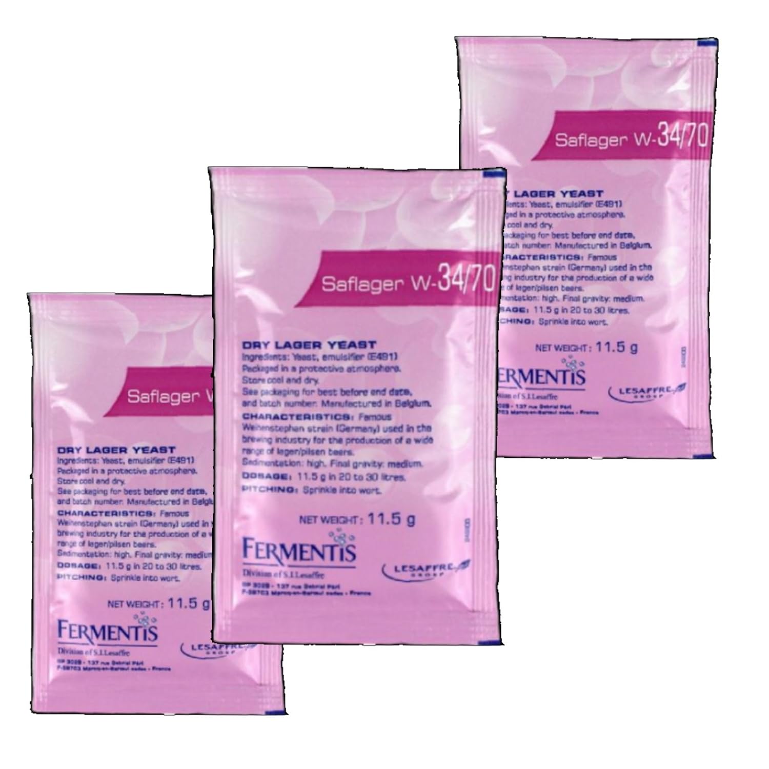 3X Fermentis Saflager W34/70 Beer Yeast Lager and Pilsner ales 11.5g 10-15L