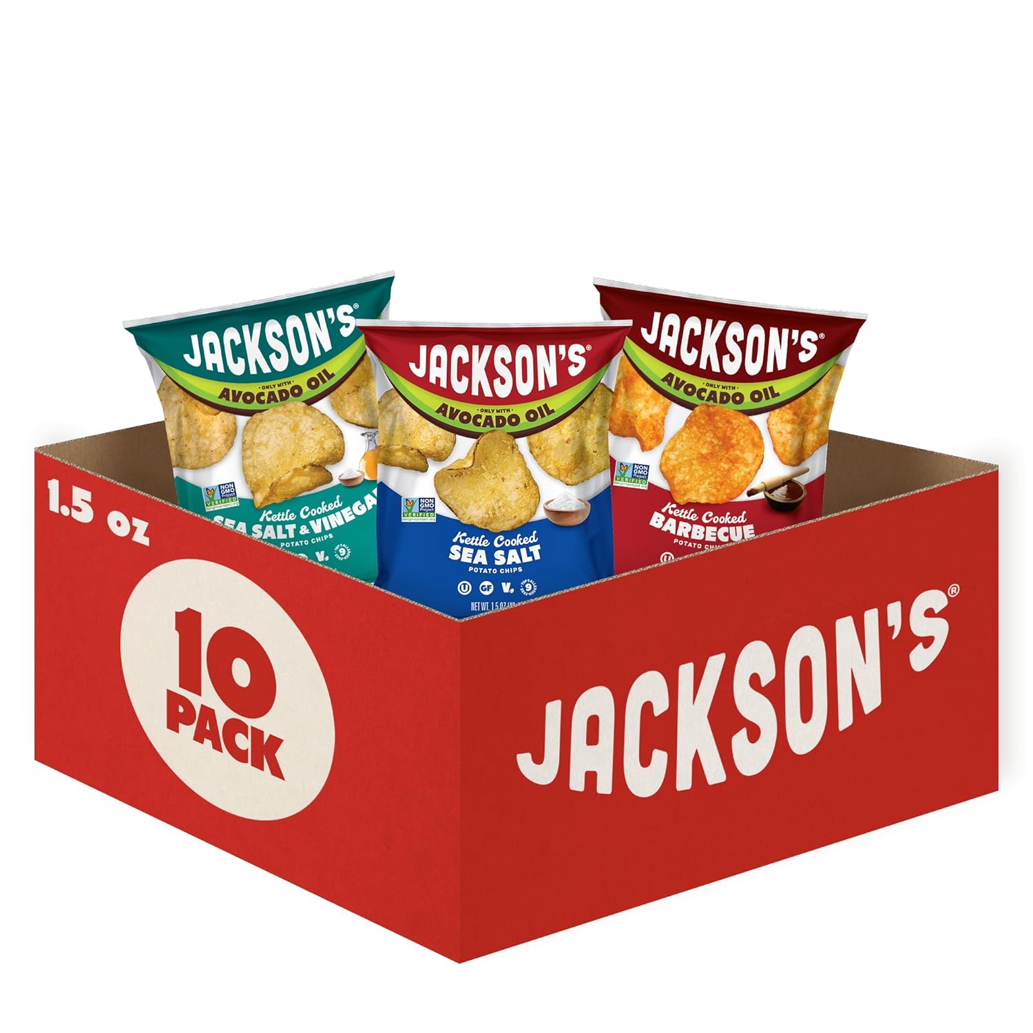 Jackson’s Classic Kettle Potato Chips (Variety Pack, 1.5 oz, Pack of 10) - Made with Premium Avacado Oil, Sea Salt, Salt & Vinegar and BBQ Flavors - Allergen-friendly, Gluten Free, Vegan Variety 1.5 Ounce (Pack of 10)