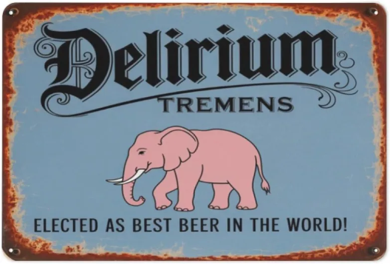 Delirium Tremens Beer tin sign Vintage Pink Elephant Beer Metal Sign print Suitable for room bathroom cave bar cafe garage garden and outdoor decoration 8X12 inch