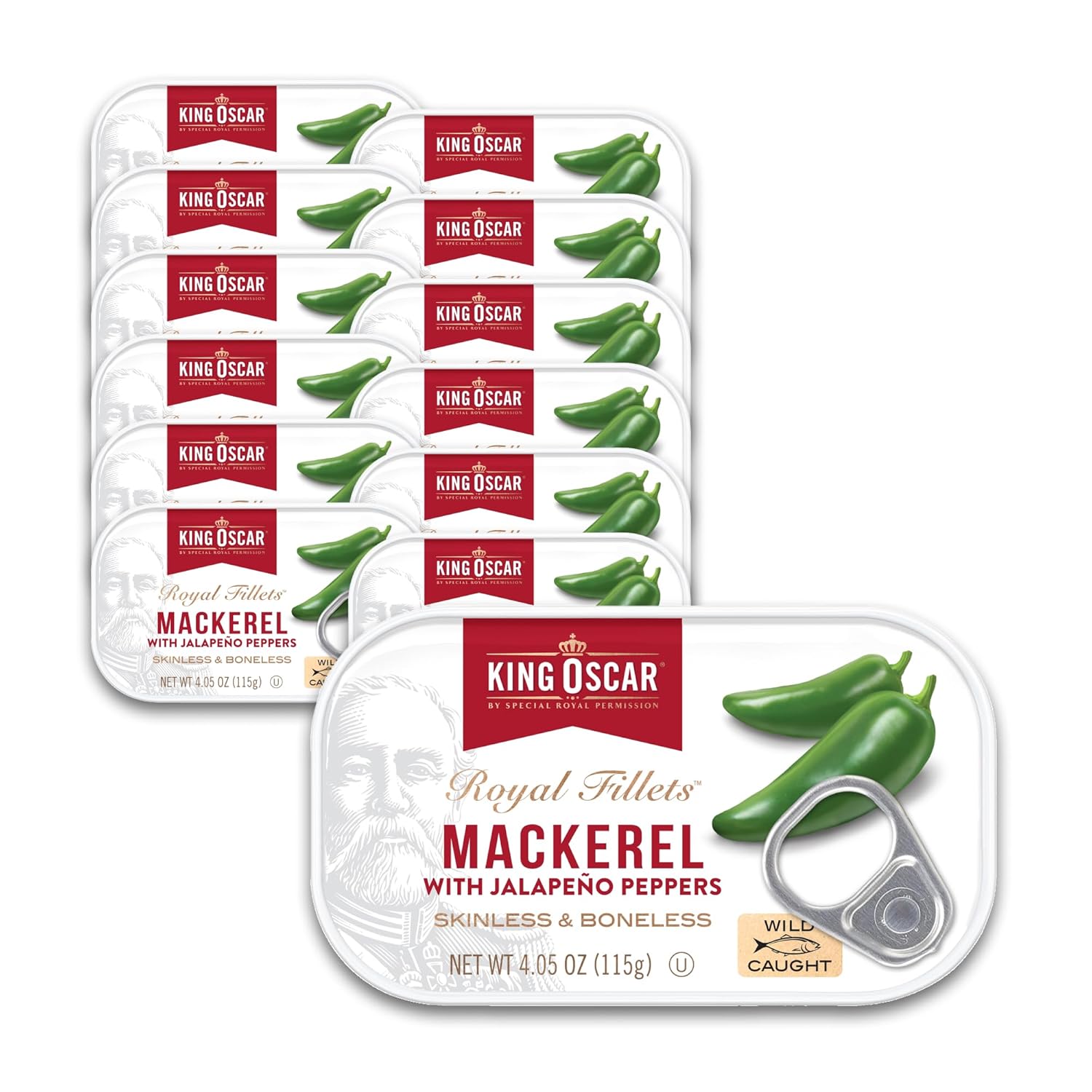 Mackerel in Olive Oil with Jalapeño Peppers, 4.05 Ounce Cans (Pack of 12, Packaging May Vary), Skinless & Boneless, Wild Caught Canned Mackerel Mackerel Fillets, Jalapeno Peppers 4.05 Ounce (Pack of 12)