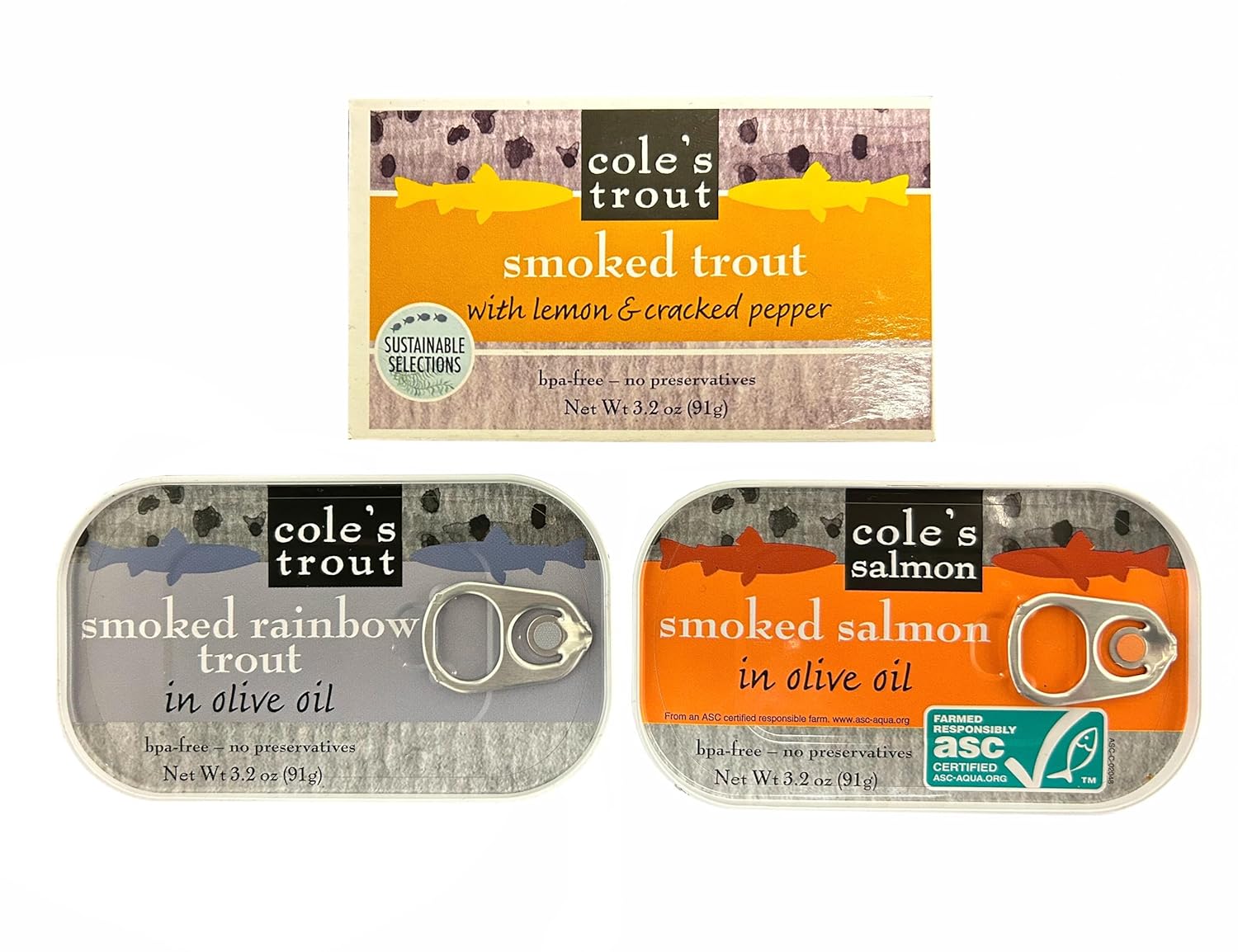 COLE'S Canned Seafood Variety Pack - Salmon, Rainbow Trout in Olive Oil & Trout with Lemon & Cracked Pepper - High in Protein Canned Fish- 3 Pack