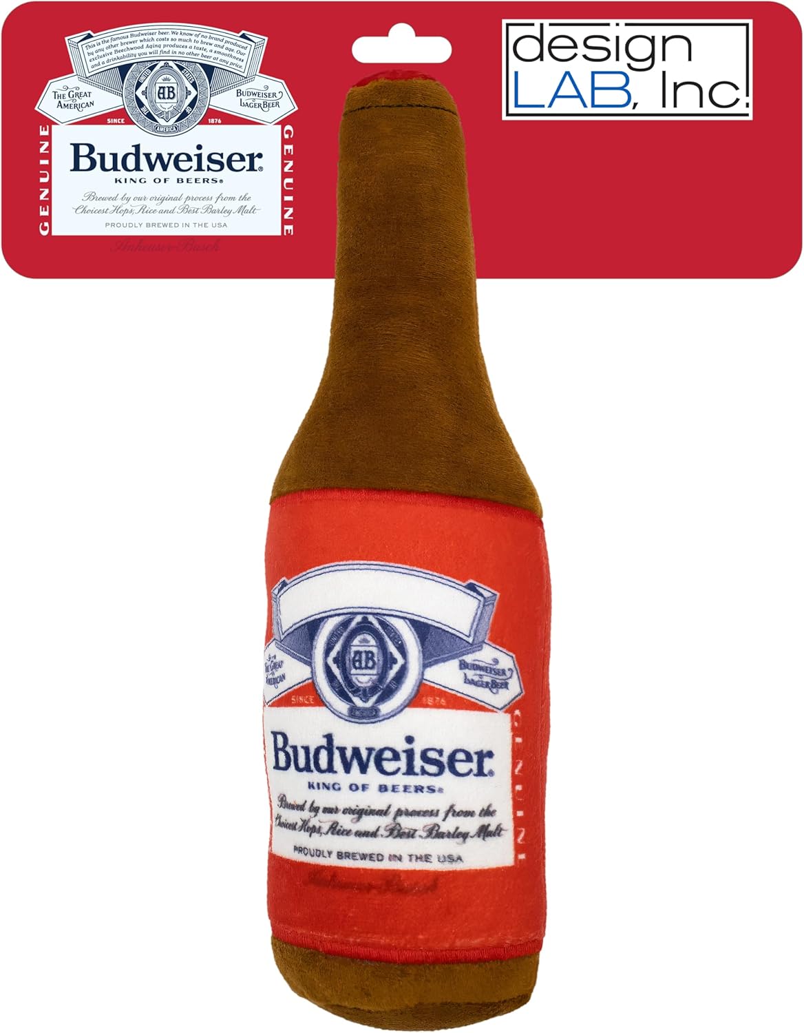 Design LAB, Inc - Budweiser Beer Dog Toy - Plush Beer Bottle with Squeaker for Dogs - 10 inch Small Interactive Toys for Fetch and Chewing Small Budweiser