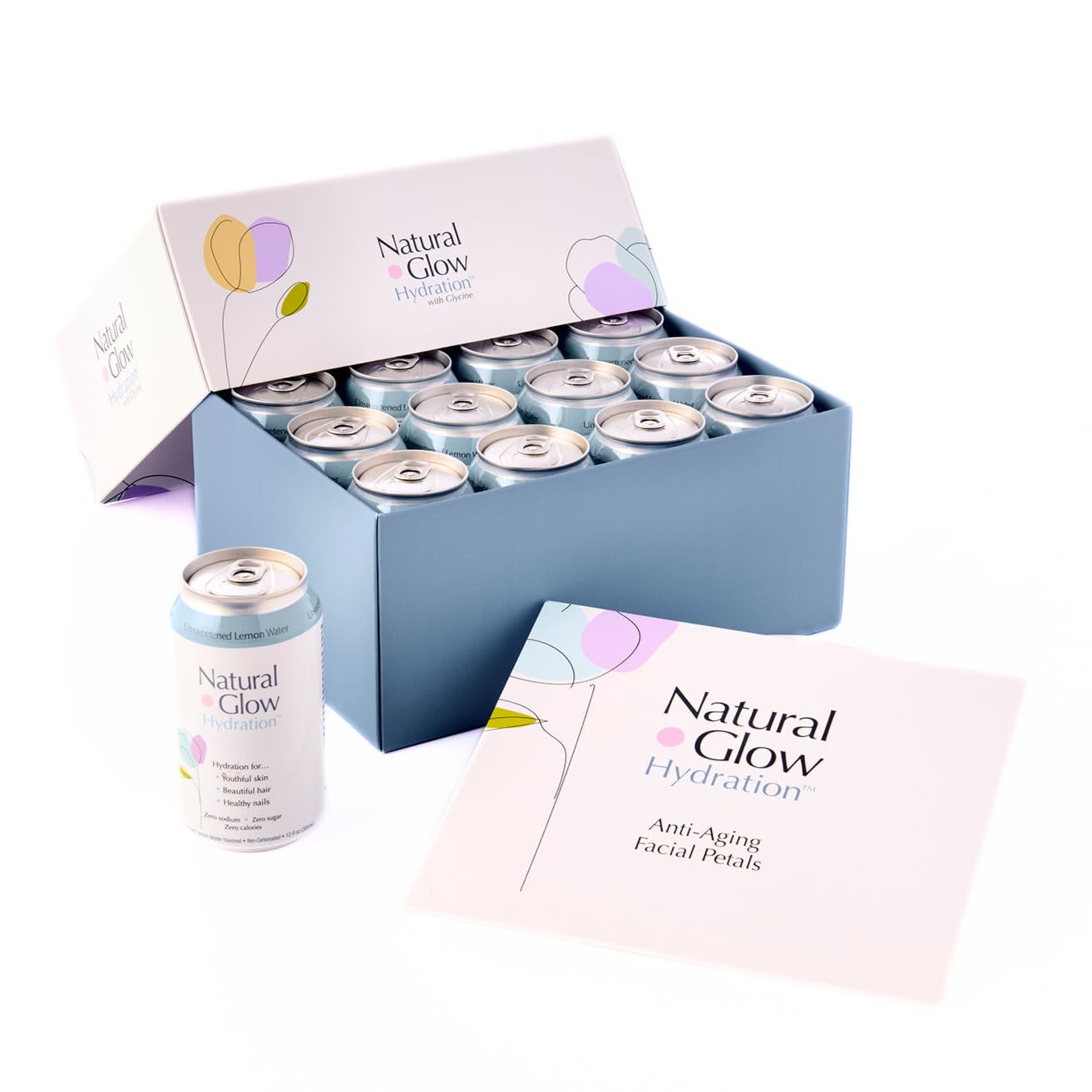 ® Glycine Beauty Water, Unsweetened Lemon Flavor, 12 Pack of 12 fl oz Cans, Electrolytes & Amino Acids, Zero Sugar & Zero Sodium, Anti-Aging Facial Petals Bundle