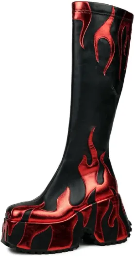Women’s side zipper high heeled Flames Printing Chunky sole boots tall boots round toe boots 7 Red