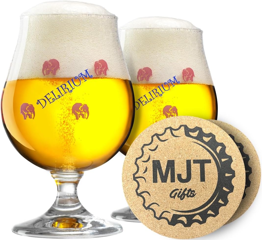 Delirium Tremens Belgian Beer Glasses with Beer Coasters - 0.25 Liter - 2pk