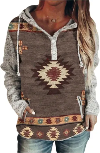 Women's Western Tribal Aztec Print Half Button Hoodies Vintage Long Sleeve Drawstring Hooded Sweatshirts Large Brown